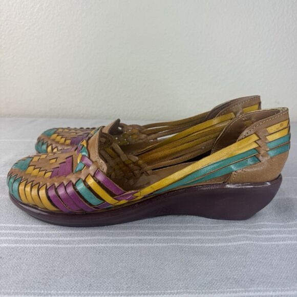 Fernanda Roy’s Leather Huaraches Mexican Woven Sandals Wedge Heel Tan Multi 10 - Picture 5 of 11